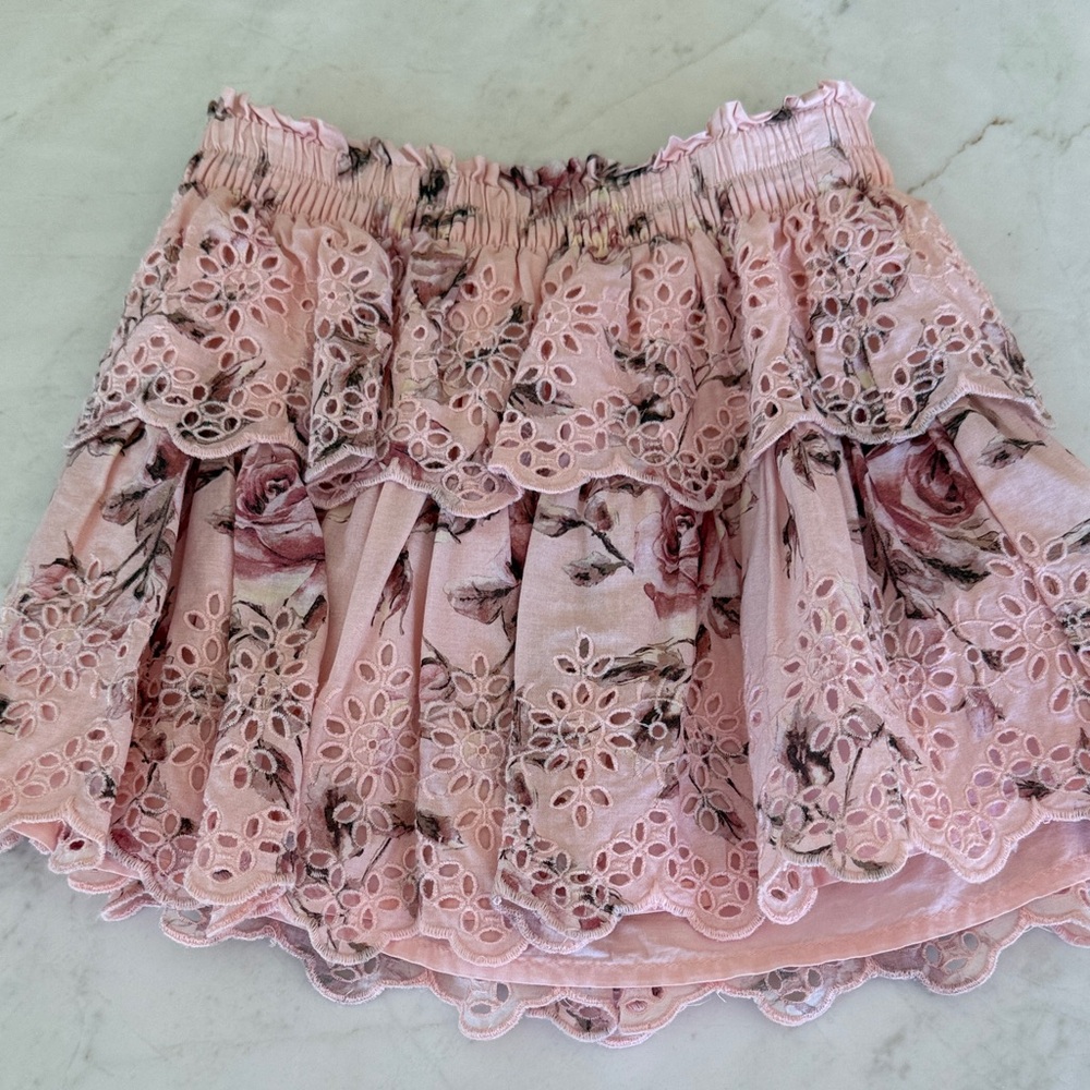 LoveShackFancy Pink Floral Eyelet Skirt